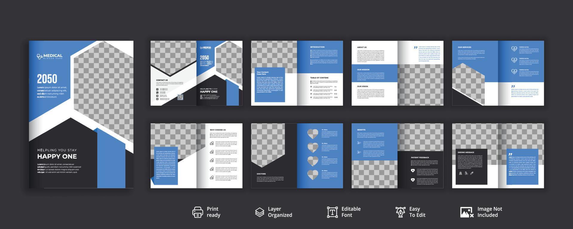 Blaues und dunkles Design der Geschäftsbroschüre des Gesundheitswesens auf 16 Seiten vektor
