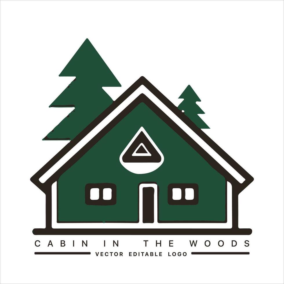 Holz Kabine Logo Vorlage. Kabine im das Wald Vektor Illustration. Kabine Vermietung Logo. Chalet im das Wald Aufkleber.