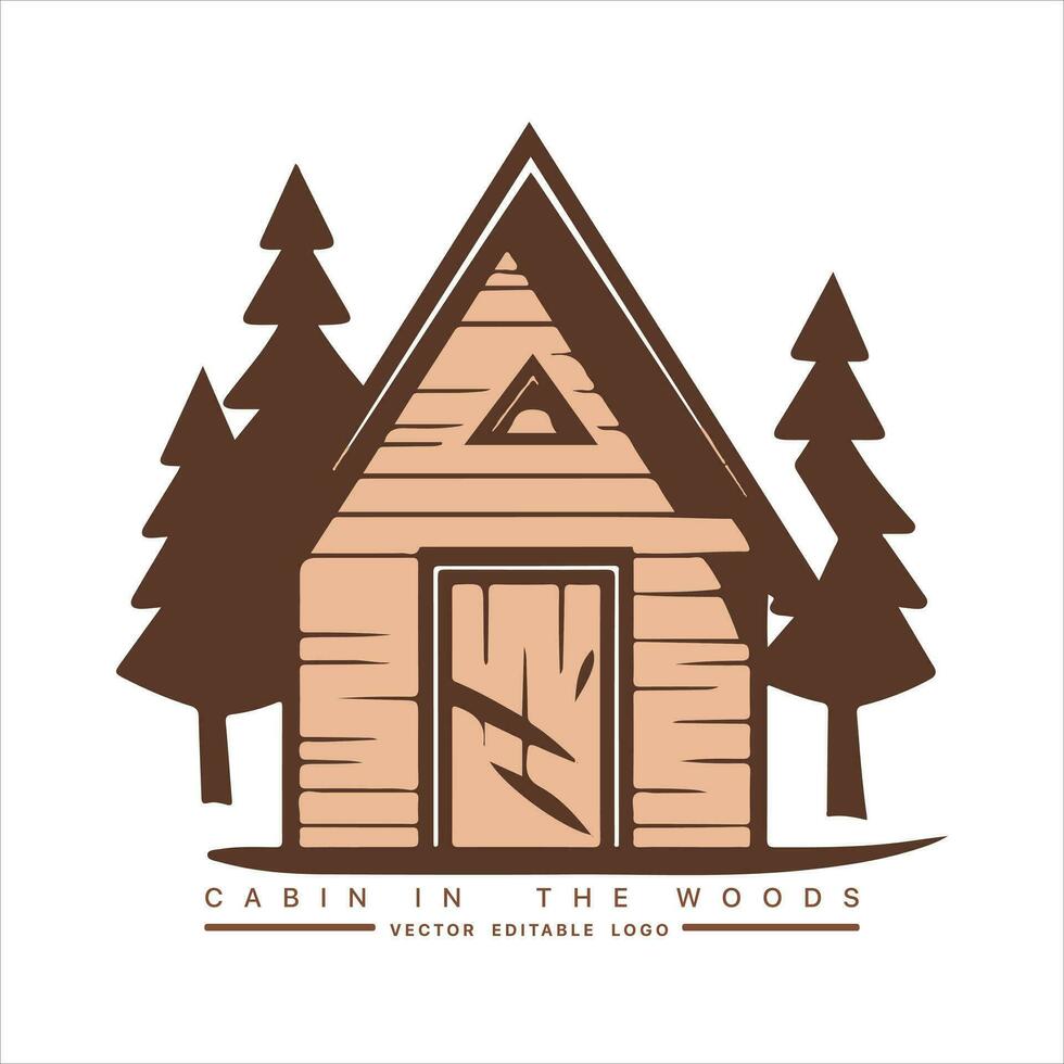 trä stuga logotyp mall. stuga i de trän vektor illustration. stuga hyror logotyp. chalet i de skog klistermärke.