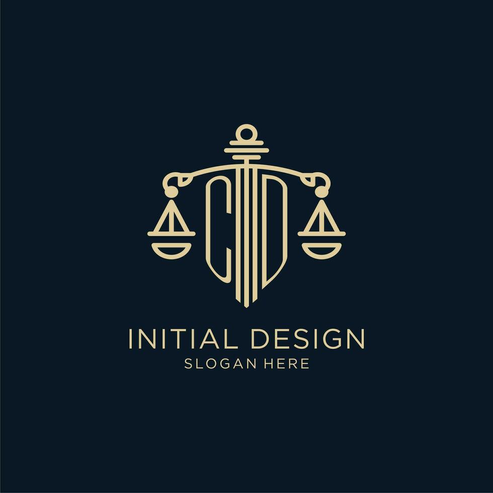 Initiale CD Logo mit Schild und Waage von Gerechtigkeit, Luxus und modern Gesetz Feste Logo Design vektor