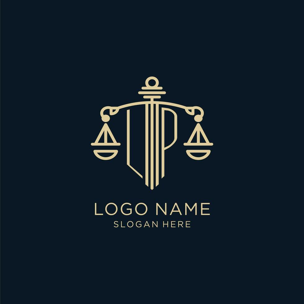 Initiale lp Logo mit Schild und Waage von Gerechtigkeit, Luxus und modern Gesetz Feste Logo Design vektor