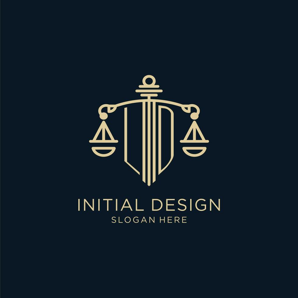 första ld logotyp med skydda och skalor av rättvisa, lyx och modern lag fast logotyp design vektor