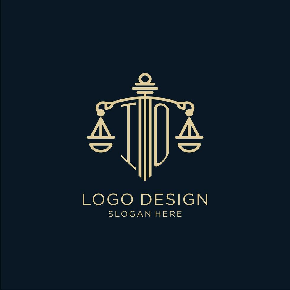 Initiale io Logo mit Schild und Waage von Gerechtigkeit, Luxus und modern Gesetz Feste Logo Design vektor