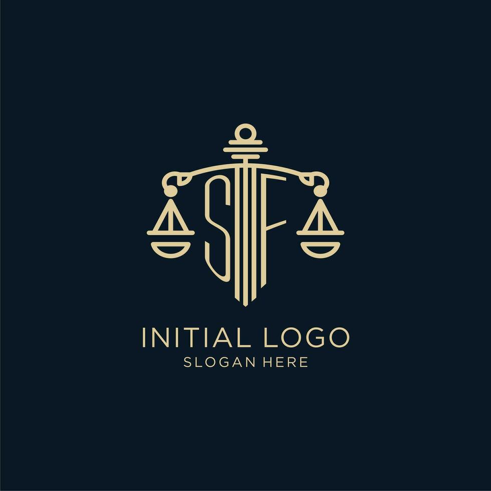 första sf logotyp med skydda och skalor av rättvisa, lyx och modern lag fast logotyp design vektor