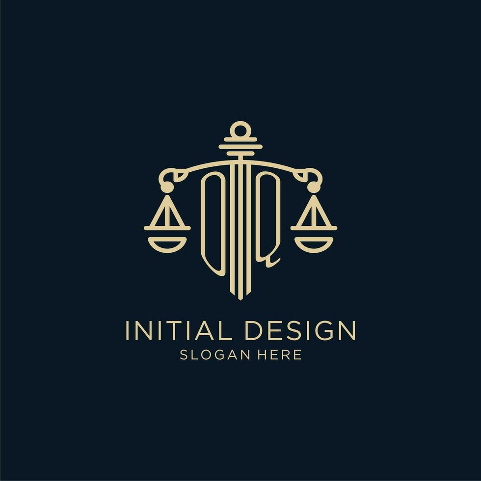 Initiale oq Logo mit Schild und Waage von Gerechtigkeit, Luxus und modern Gesetz Feste Logo Design vektor