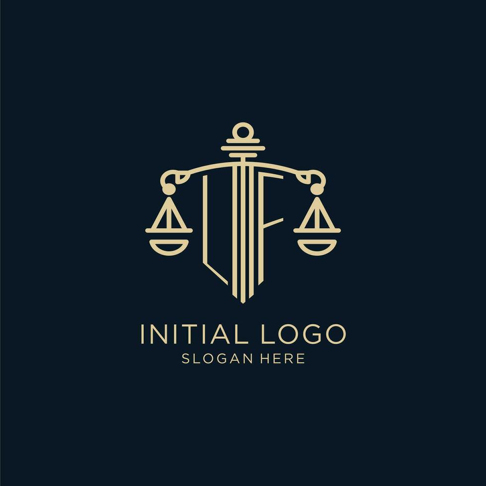 första om logotyp med skydda och skalor av rättvisa, lyx och modern lag fast logotyp design vektor