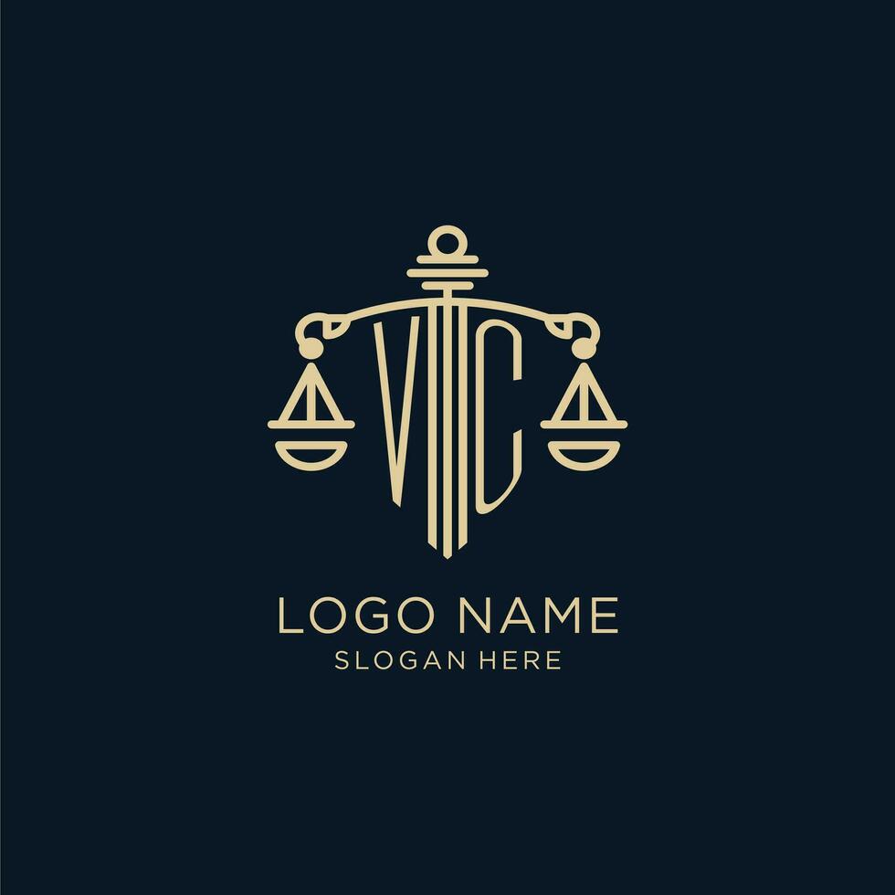första vc logotyp med skydda och skalor av rättvisa, lyx och modern lag fast logotyp design vektor
