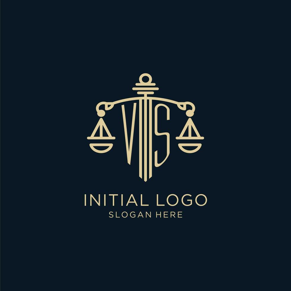 första mot logotyp med skydda och skalor av rättvisa, lyx och modern lag fast logotyp design vektor