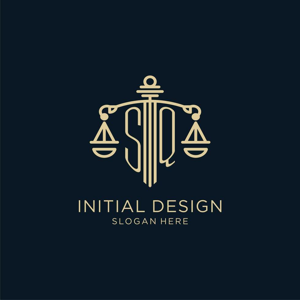 Initiale sq Logo mit Schild und Waage von Gerechtigkeit, Luxus und modern Gesetz Feste Logo Design vektor