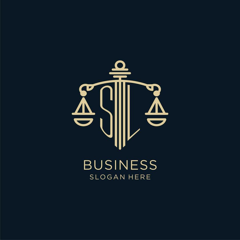 Initiale sl Logo mit Schild und Waage von Gerechtigkeit, Luxus und modern Gesetz Feste Logo Design vektor