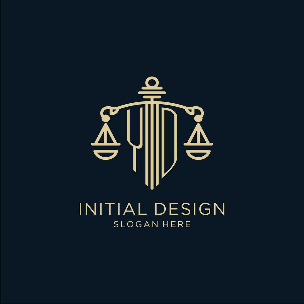 Initiale yd Logo mit Schild und Waage von Gerechtigkeit, Luxus und modern Gesetz Feste Logo Design vektor