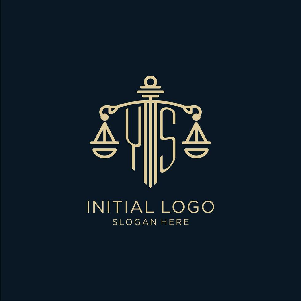 första ys logotyp med skydda och skalor av rättvisa, lyx och modern lag fast logotyp design vektor
