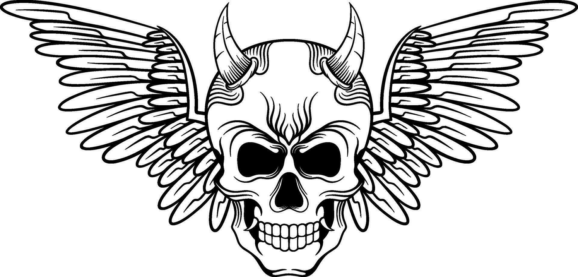vektor tatuering design svart och vit hand dragen vingar skalle