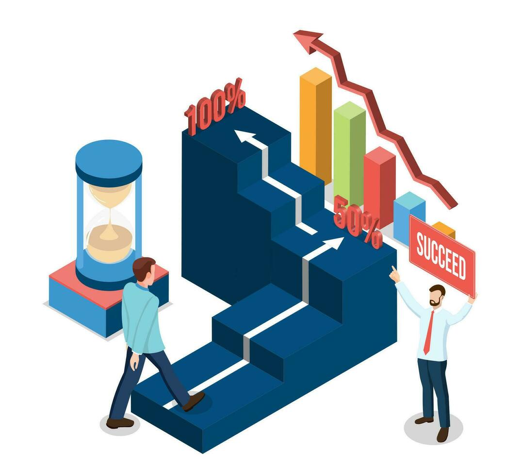 3d isometrisk företag strategi begrepp med kontor arbetare bearbeta en företag strategi eller finansiell mål. vektor illustration eps10