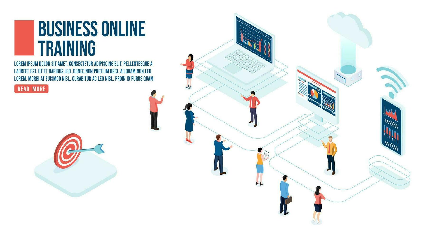 3d isometrisk företag uppkopplad Träning begrepp med människor arbetstagare tecken, webinar Träning och lyssnande till företag människor med diagram på bärbar dator. vektor illustration eps10