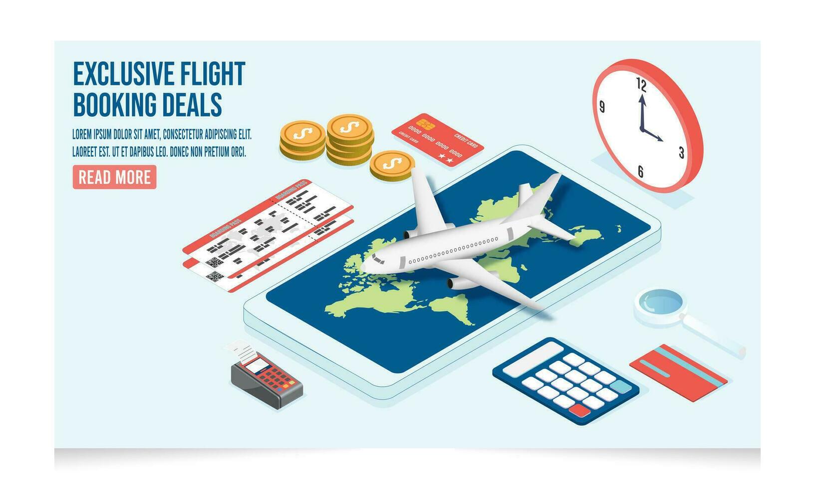 3d isometrisk exklusiv flyg bokning erbjudanden, flyg bokning befordran och destination begrepp. vektor illustration eps10