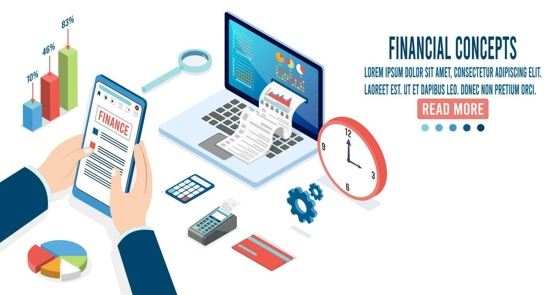 3d isometrisch finanziell Bericht mit Diagramme, Grafiken, finanziell analytisch und Geschäft Infografik Elemente auf Bildschirm Laptop. Vektor Illustration eps10