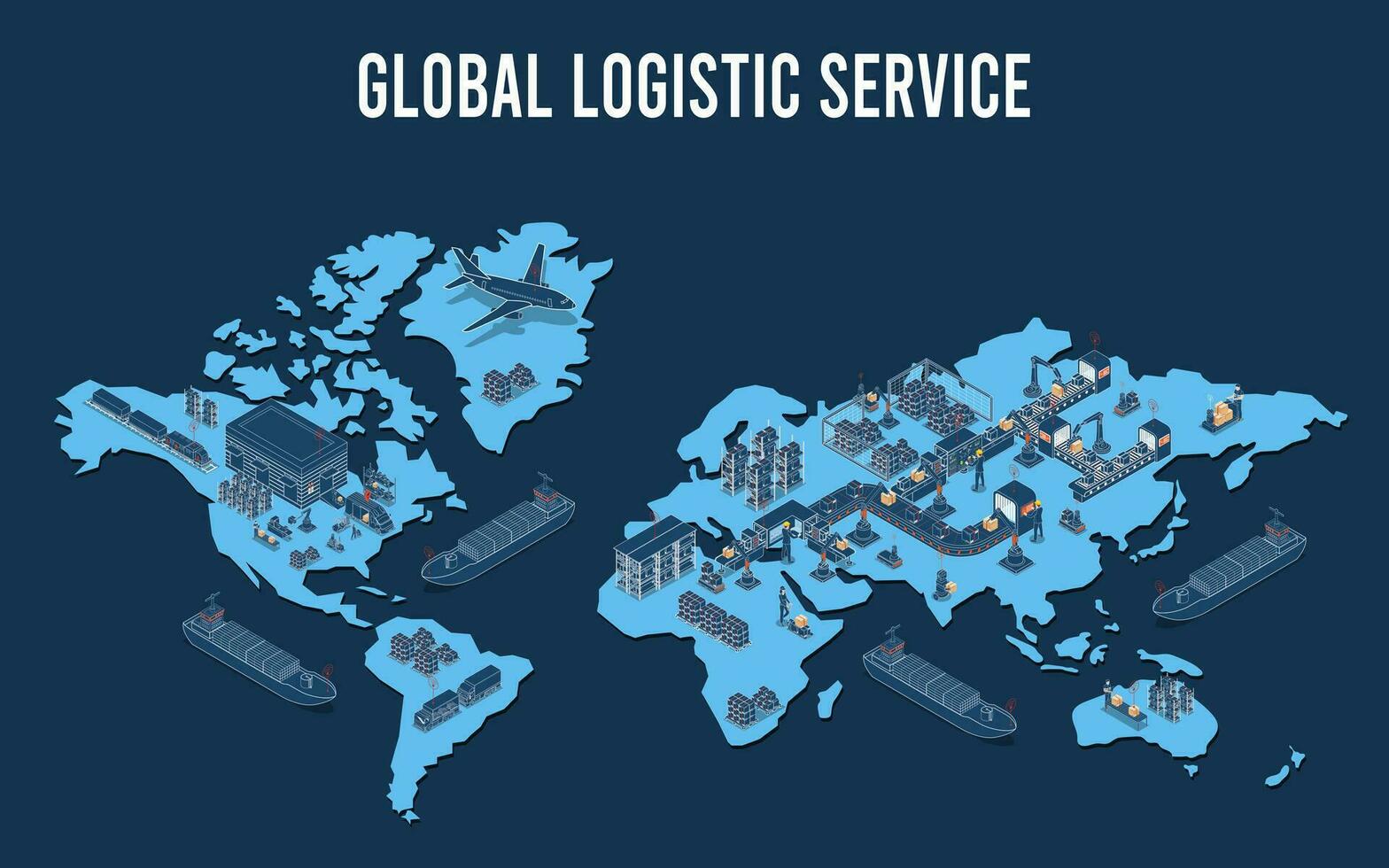 global logistik begrepp med industriell partnerskap, autonom robotar, transport, exportera, importera och industri 4.0. vektor illustration eps10