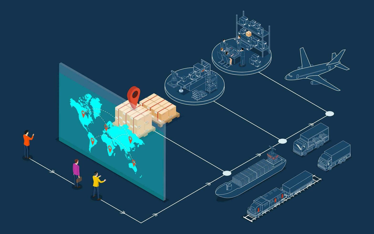 3d isometrisk global logistik nätverk begrepp med transport drift service, exportera, importera, frakt, luft, väg, havs leverans. vektor illustration eps 10