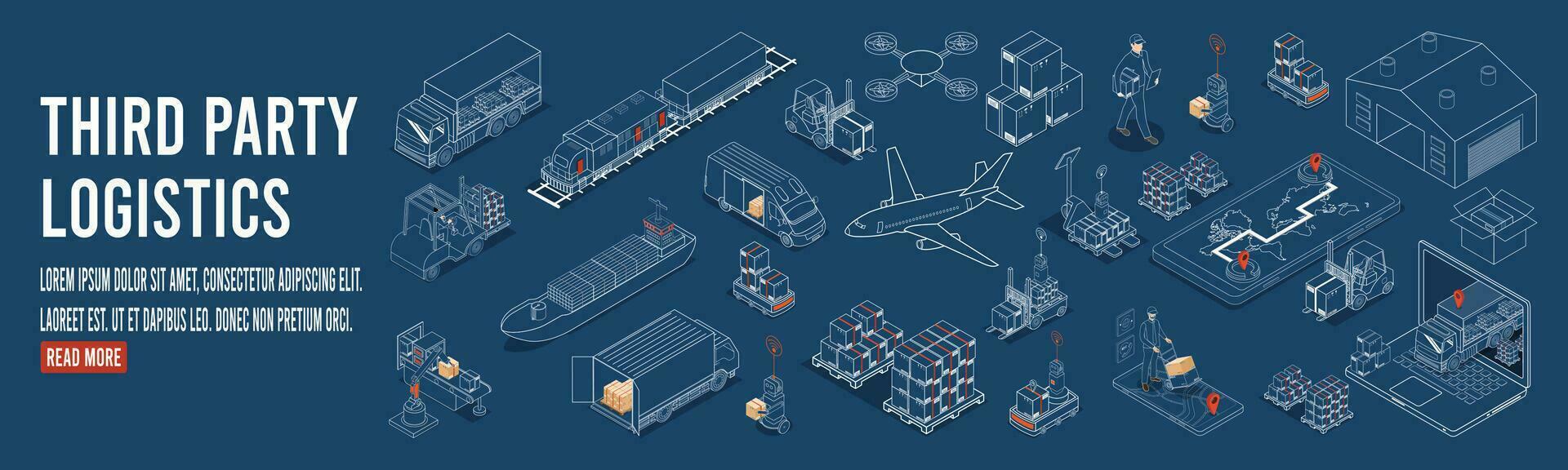 tredje fest logistik begrepp med autonom robotar, robot ärm, kartong låda, transport, lastbil, exportera, importera, industri 4.0, lager och fabrik automatisering. vektor illustration eps10