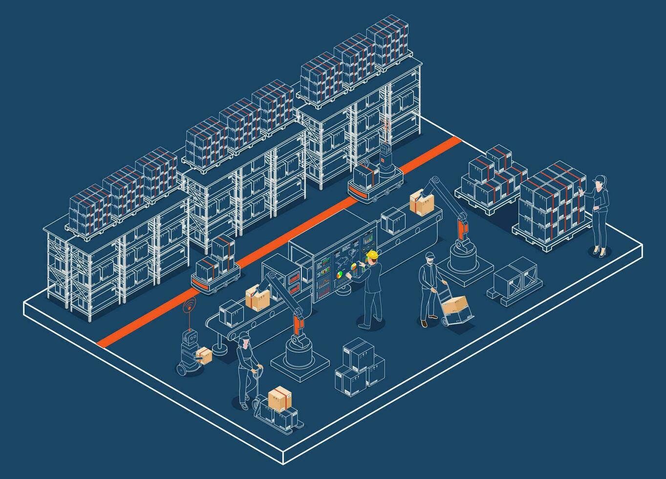 3d isometrisk automatiserad lager robotar och smart lager teknologi begrepp med lager automatisering systemet, autonom robot, transport drift service. vektor illustration eps 10