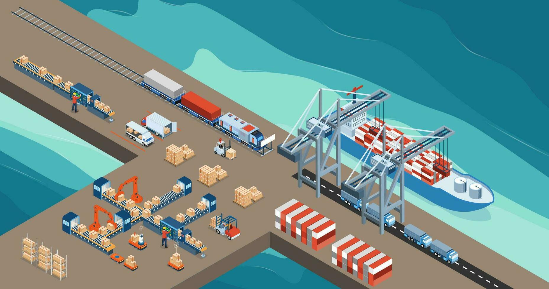 maritim Transport Logistik mit Stahl Container Wird geladen auf industriell Schiff durch Kran und Warenhaus Arbeit Verfahren. Vektor Illustration eps10