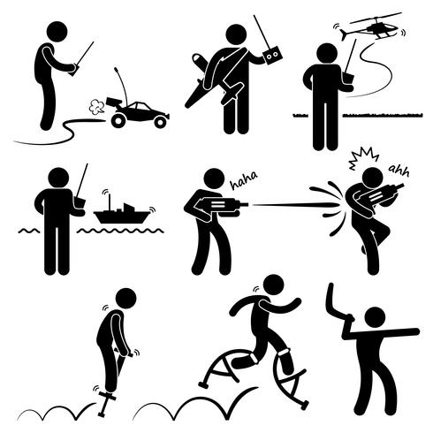 Spelar med utomhusleksaker Fjärrkontroll Bilplan Helikopterfartyg Vattenpistol Jumper Boomerang Stick Figur Pictogram Ikon. vektor