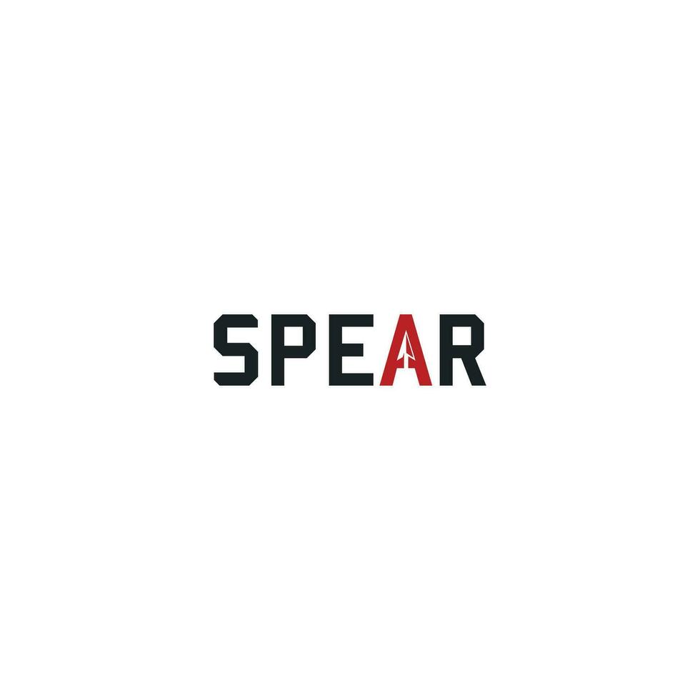 Speer Logo Design Vorlage. Logo Wortmarke Speer mit Speer Kopf Design Grafik Vektor Illustration.