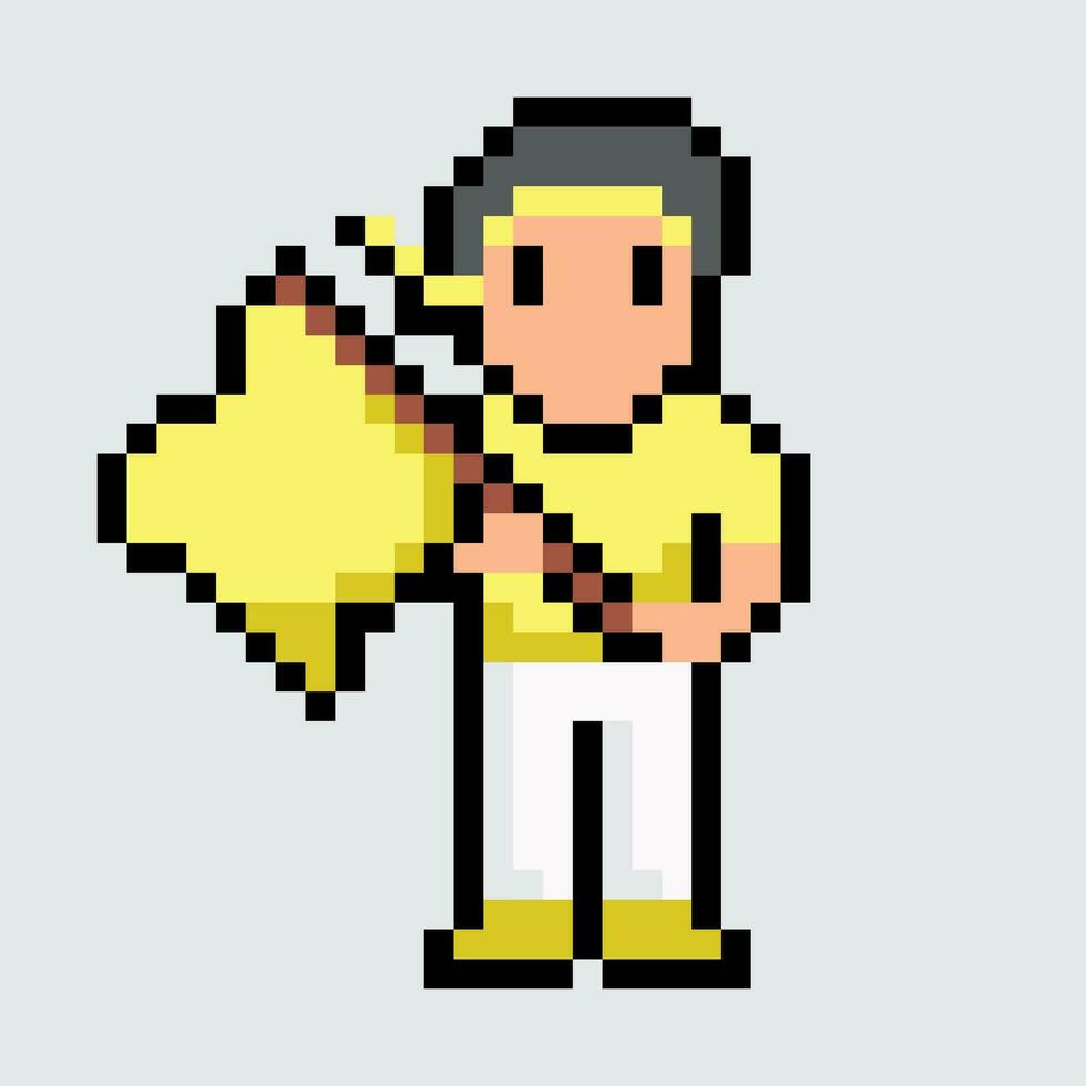 Pixel Kunst Mann halten Gelb Flagge vektor