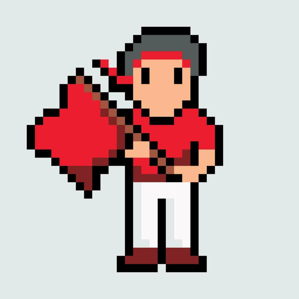 Pixel Kunst Mann halten ein rot Flagge vektor