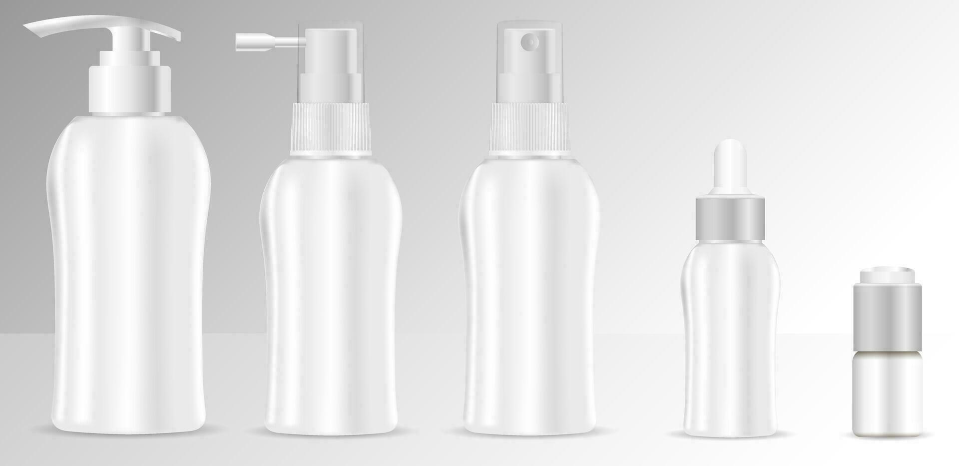 realistisk 3d mock-up av kosmetisk paket. vektor tom mallar uppsättning av tömma och rena vit plast behållare flaskor med spray, dispenser och droppare, grädde burk.