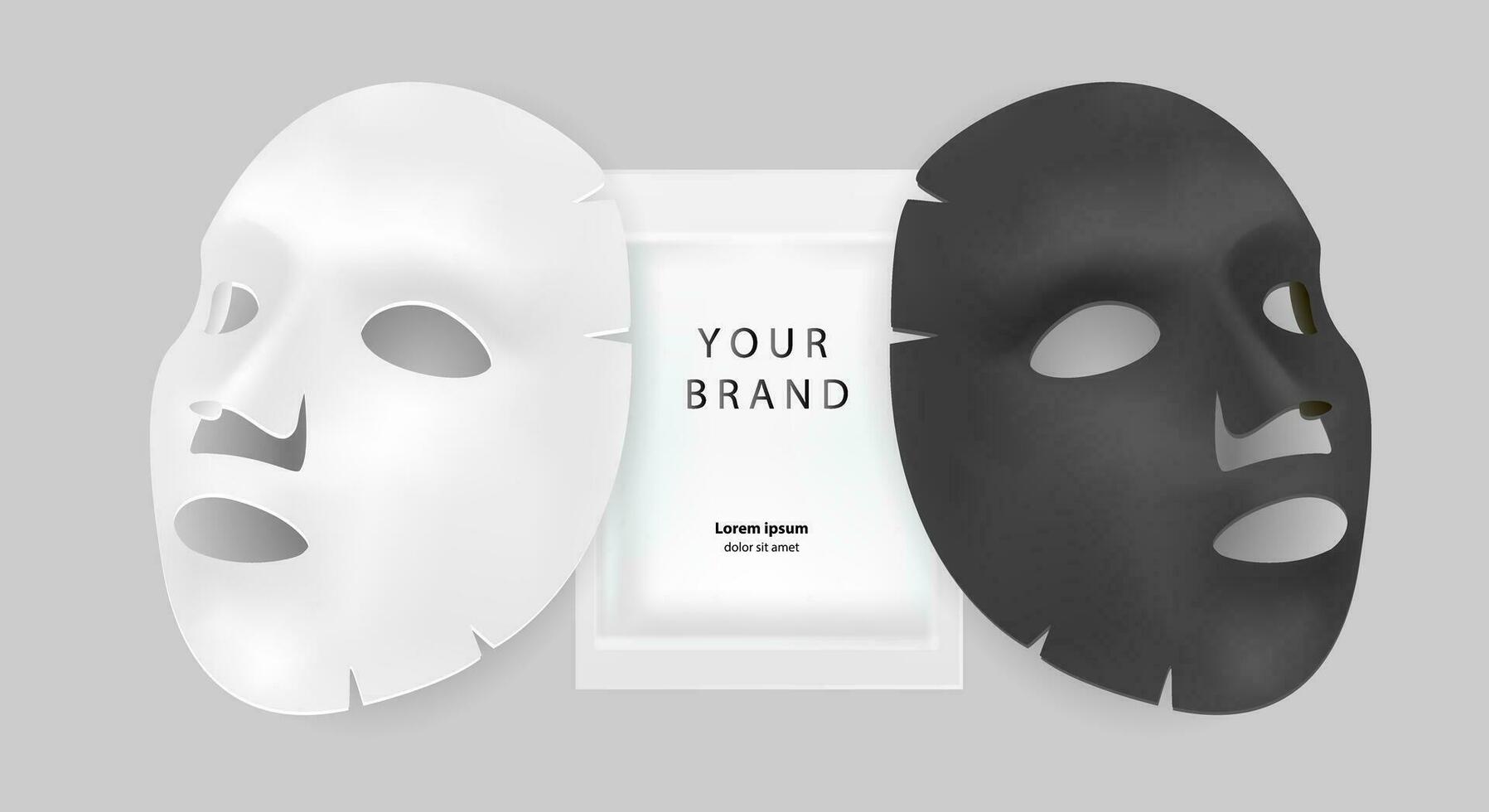 schwarz und Weiß Gesichts- Maske Kosmetika Anzeigen. realistisch Vektor Illustration. Paket Design zum Gesicht Maske isoliert auf grau Hintergrund.