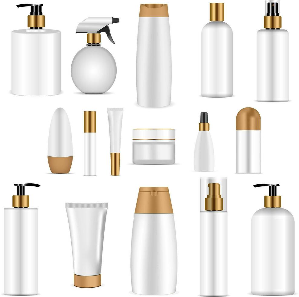 vit kosmetika flaska uppsättning med guld topp. realistisk 3d mock-up av kosmetika paket. vektor illustration av spray, dispenser och droppare, grädde burk, schampo, lotion, tvål, tandkräm.