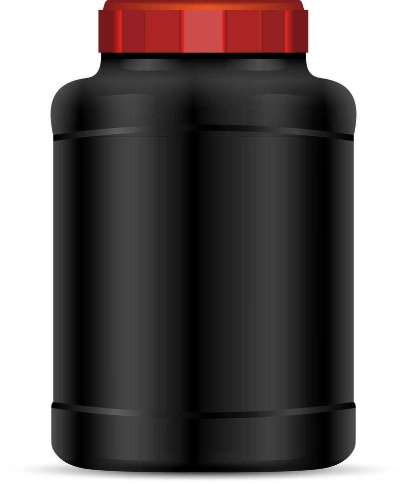 svart protein pulver behållare med röd lock. sport mat flaskor. vektor attrapp av protein sport näring burk illustration.