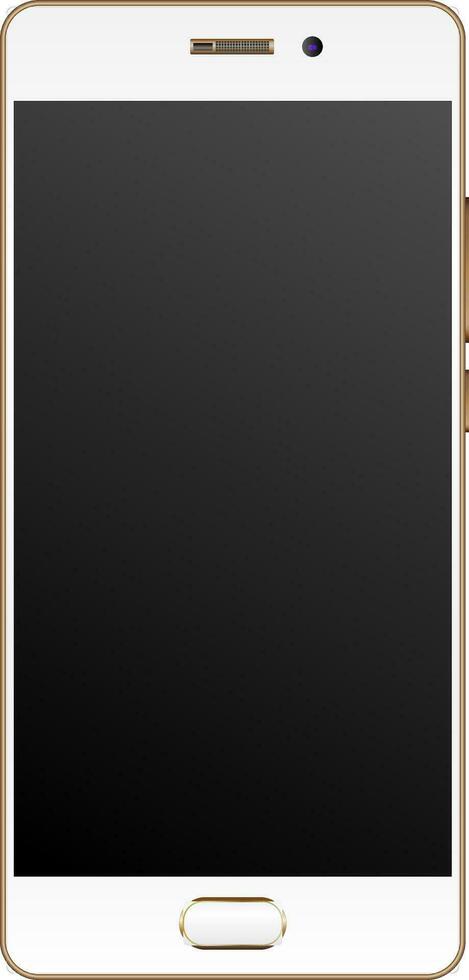 modern realistisch Smartphone Attrappe, Lehrmodell, Simulation mit golden Kante rahmen. Zelle Telefon Vorlage mit leeren Bildschirm Vektor Illustration. Handy, Mobiltelefon Gerät isoliert auf Weiß Hintergrund.