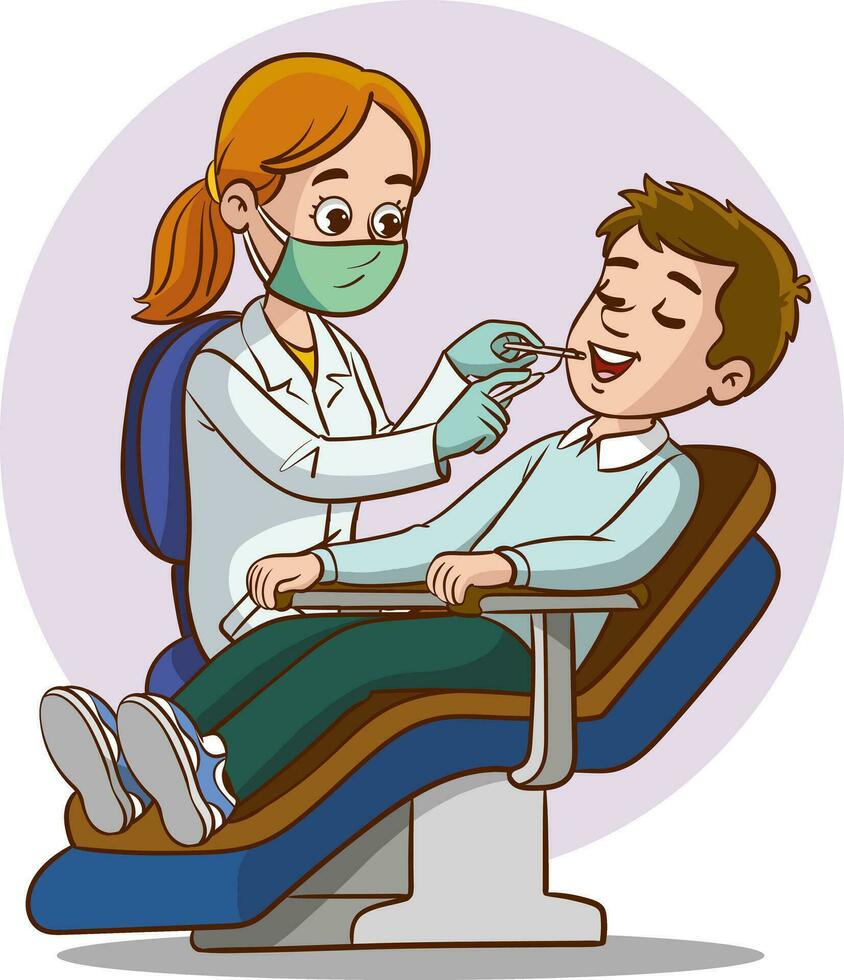 dental kontor.tandläkare kvinna innehav instrument och granskning patient man tänder ser inuti mun. vektor