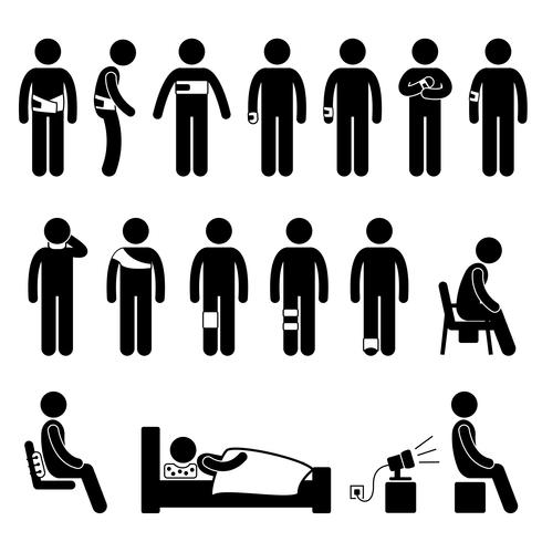 Människokroppsutrustning Utrustning Verktyg Skada Pain Stick Figur Pictogram Ikon. vektor