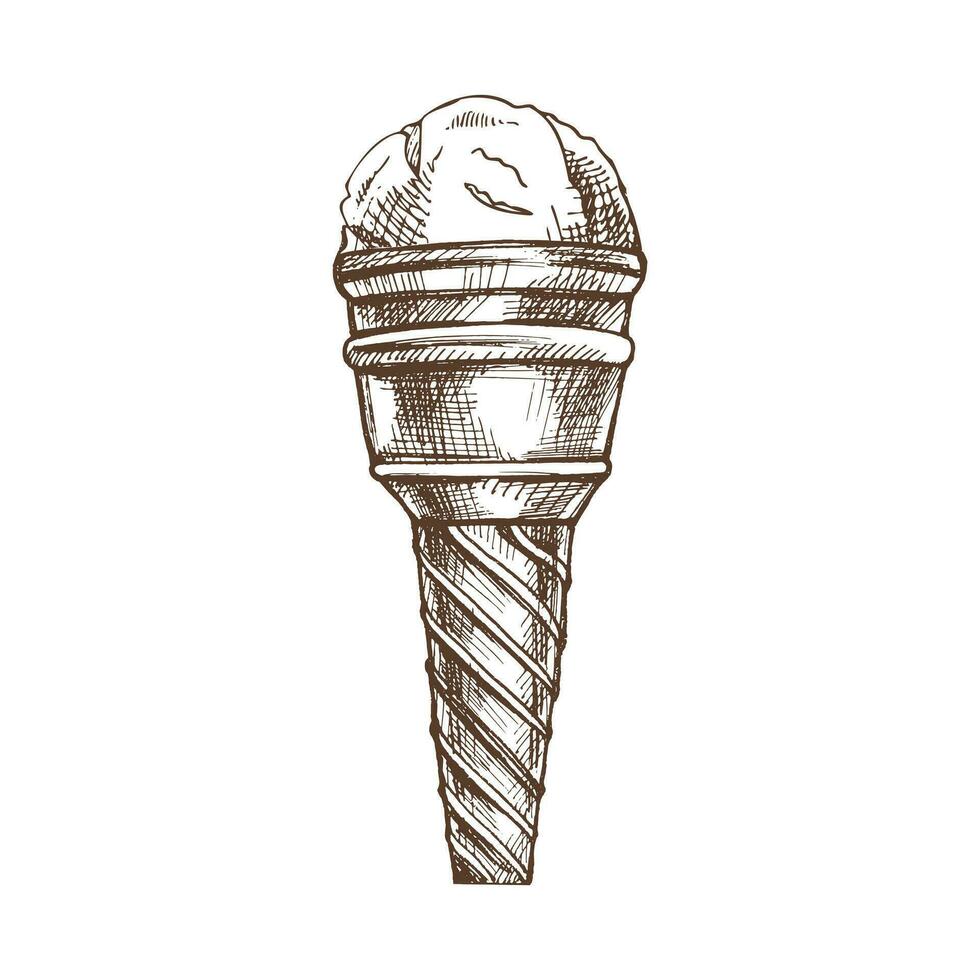 en ritad för hand skiss av en våffla kopp med frysta yoghurt eller is grädde. årgång illustration. element för de design av etiketter, förpackning och vykort. vektor