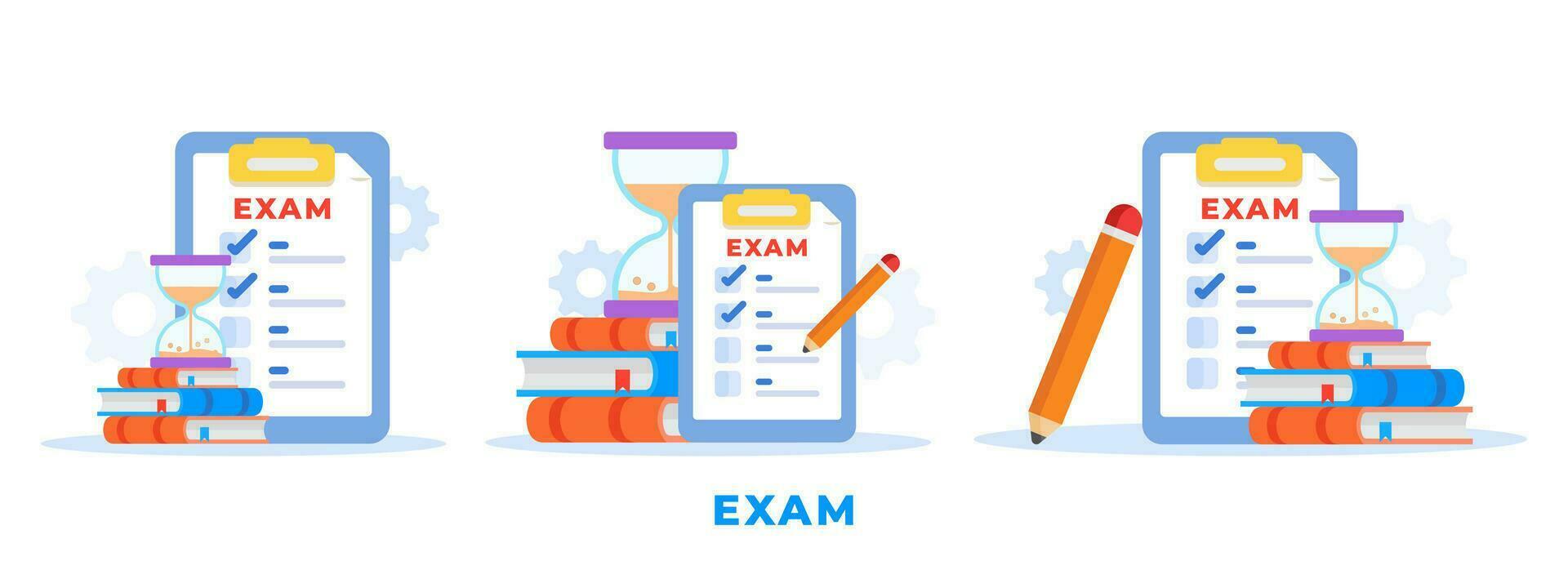 examen begrepp med en checklista, böcker, timer, timglas, penna vektor illustration uppsättning