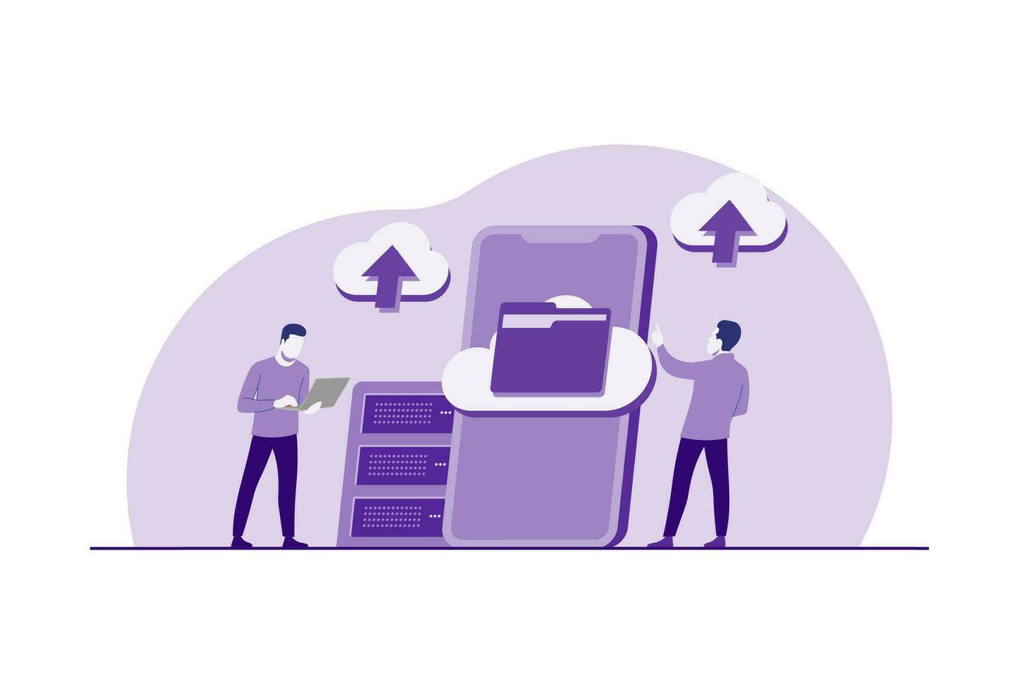 Wolke Daten Lager und Sicherheit eben Illustration, Menschen hochladen Ordner und Transfer Backup Dateien zu Digital Datenbank Dienstleistungen, Cyber Sicherheit, Datenbank Schutz, Daten Center, Datei Verwaltung vektor