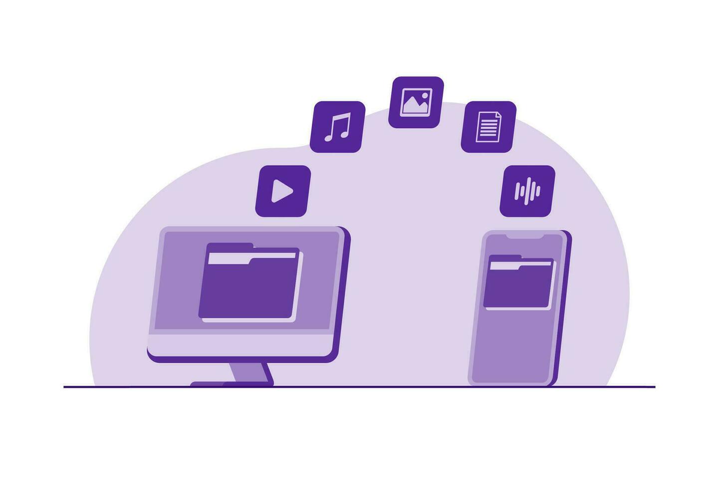 Datei Transfer Konzept, Backup Daten, Daten Transfer zwischen ein Computer und Smartphone, dokumentieren speichern auf Lagerung, Wolke Technologie, Datei hochladen, und herunterladen eben Illustration vektor