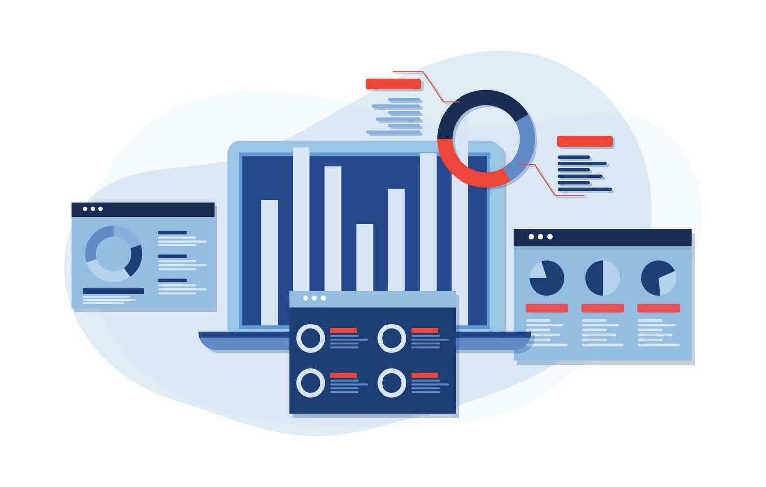 företag analys platt illustrationer, finansiell rapporter, statistik, finansiell, forskning, planera, förvaltning, seo marknadsföring analys, analyserar, data bearbetning, Framgång strategi bärbar dator skärm vektor