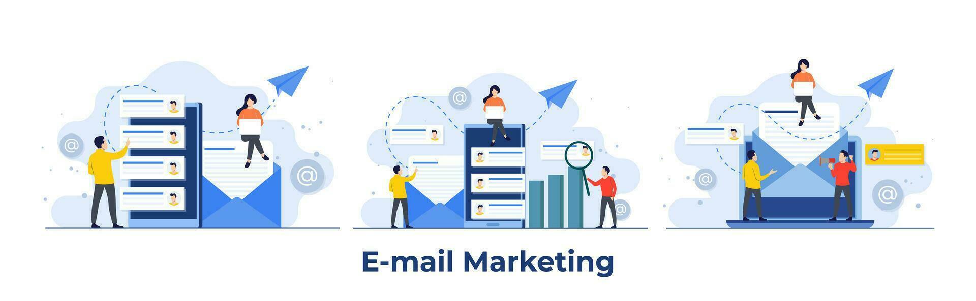 einstellen von Email Marketing Kampagne eben Illustrationen, online Geschäft Strategie, Werbung, Email Newsletter, Nachrichten, Marketing Konzept zum Landung Buchseite, Netz Banner, Sozial Medien, Infografik vektor