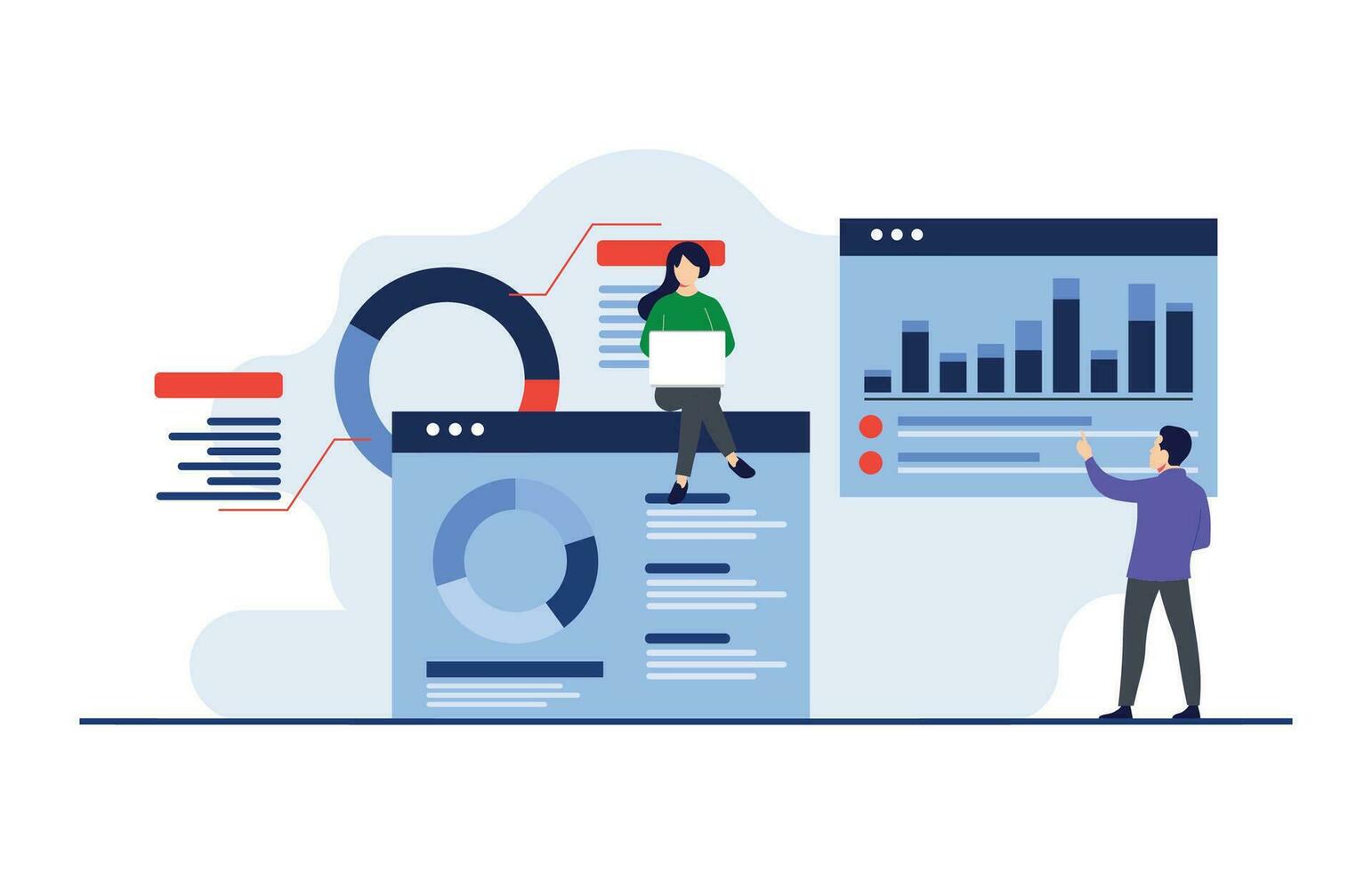 ein Mannschaft von Spezialisten suchen beim Geschäft Analytik Dashboards, Geschäft Analyse, SEO Optimierung, finanziell Berichte, Statistiken, finanziell Forschung, Marketing, Mannschaft Überwachung Investitionen vektor