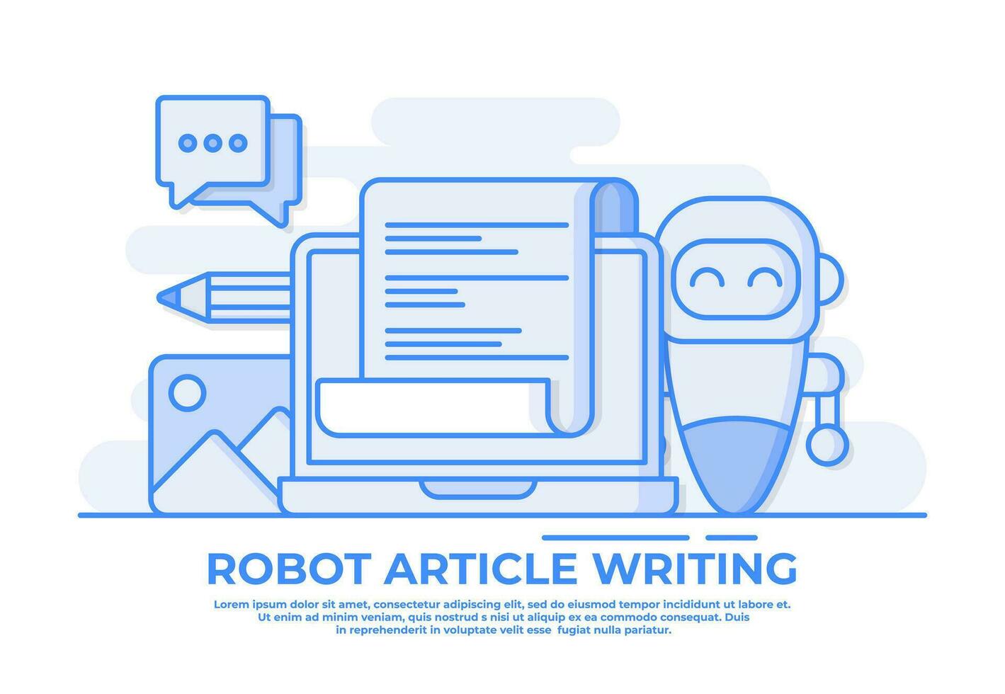 robot artikel redaktör skrivning publicitet inlägg, skrivning artiklar använder sig av artificiell intelligens, robot copywriter skrivning artikel skriver text dokumentera copywriting begrepp vektor