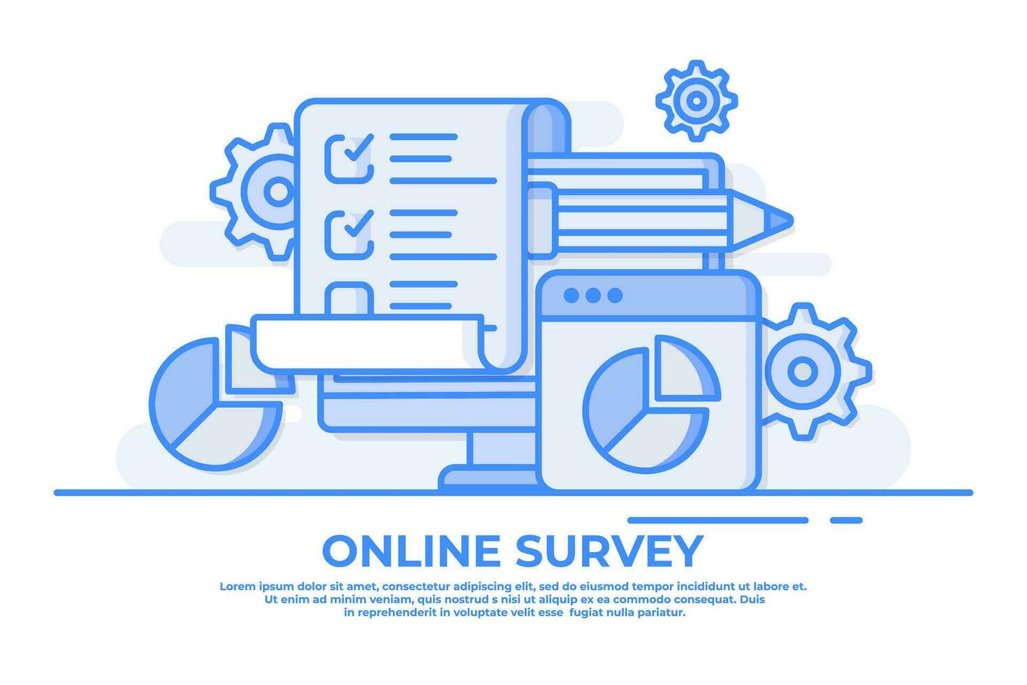 online Umfrage auf Desktop Computer eben Illustration zum Geschäft Analyse, Kontrollkästchen, Checkliste, Komplett Aufgaben, machen Liste, Geschäft Aufgabe vektor