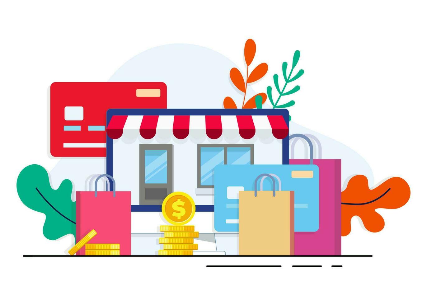online Einkaufen, oder Digital Geschäft auf Desktop Computer Bildschirm Vektor eben Illustration, online Geschäft, E-Commerce, Verkauf