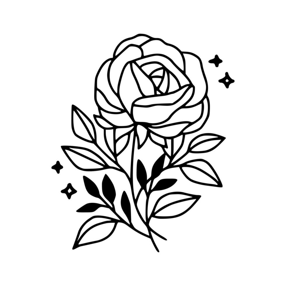 hand dragen reste sig blomma och blad gren linje konst vektor illustration design