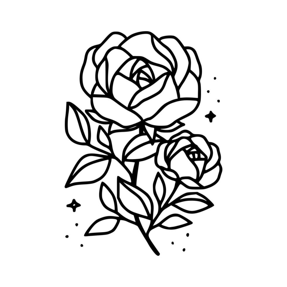 hand dragen reste sig blomma och blad gren linje konst vektor illustration design