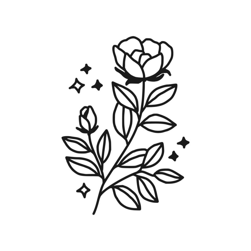 årgång hand dragen pion och reste sig blomma linje konst vektor illustration element